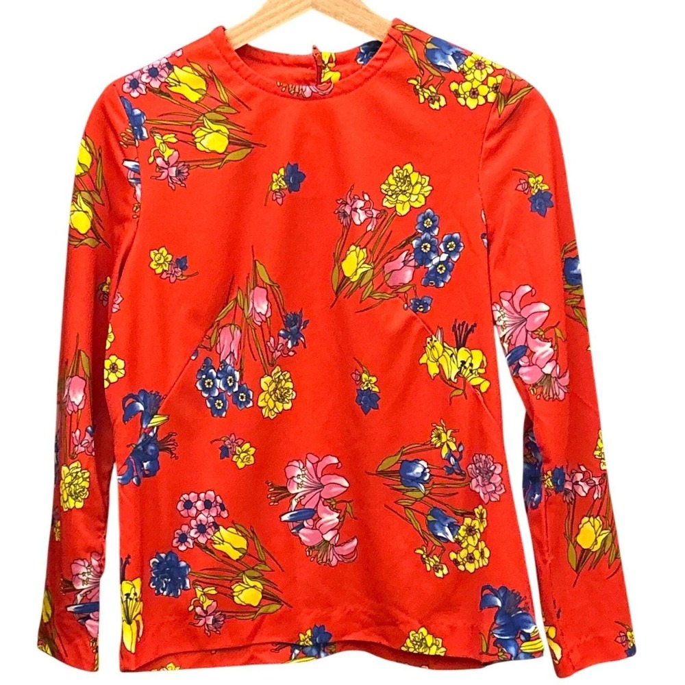 Vintage Floral Blouse Spring Summer Eclectic Mod Botanical Red Long Sleeve Top